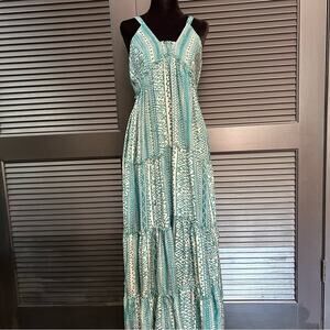 Matta 100% Silk Teal & Oyster Tiered Light Flowy Maxi Dress, White Lotus, Size L